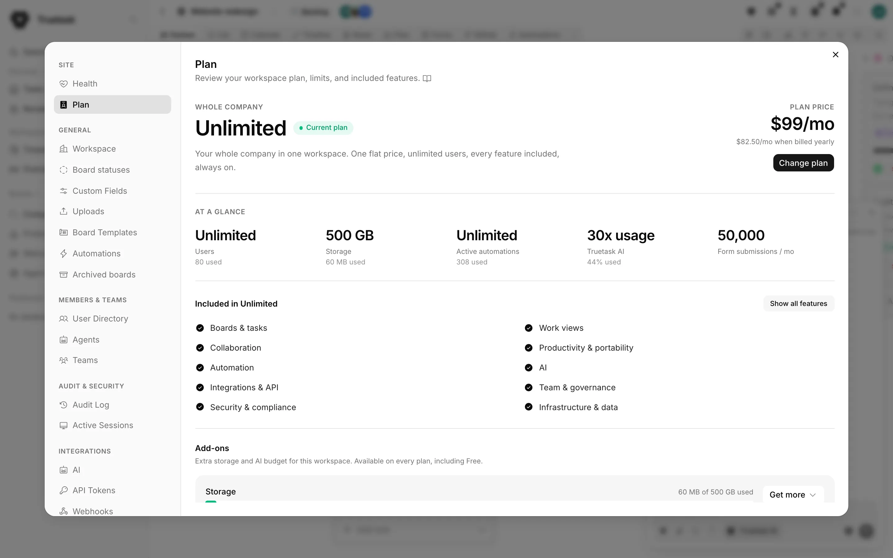 Truetask Cloud Plan settings pane with the current plan, limits and add-ons
