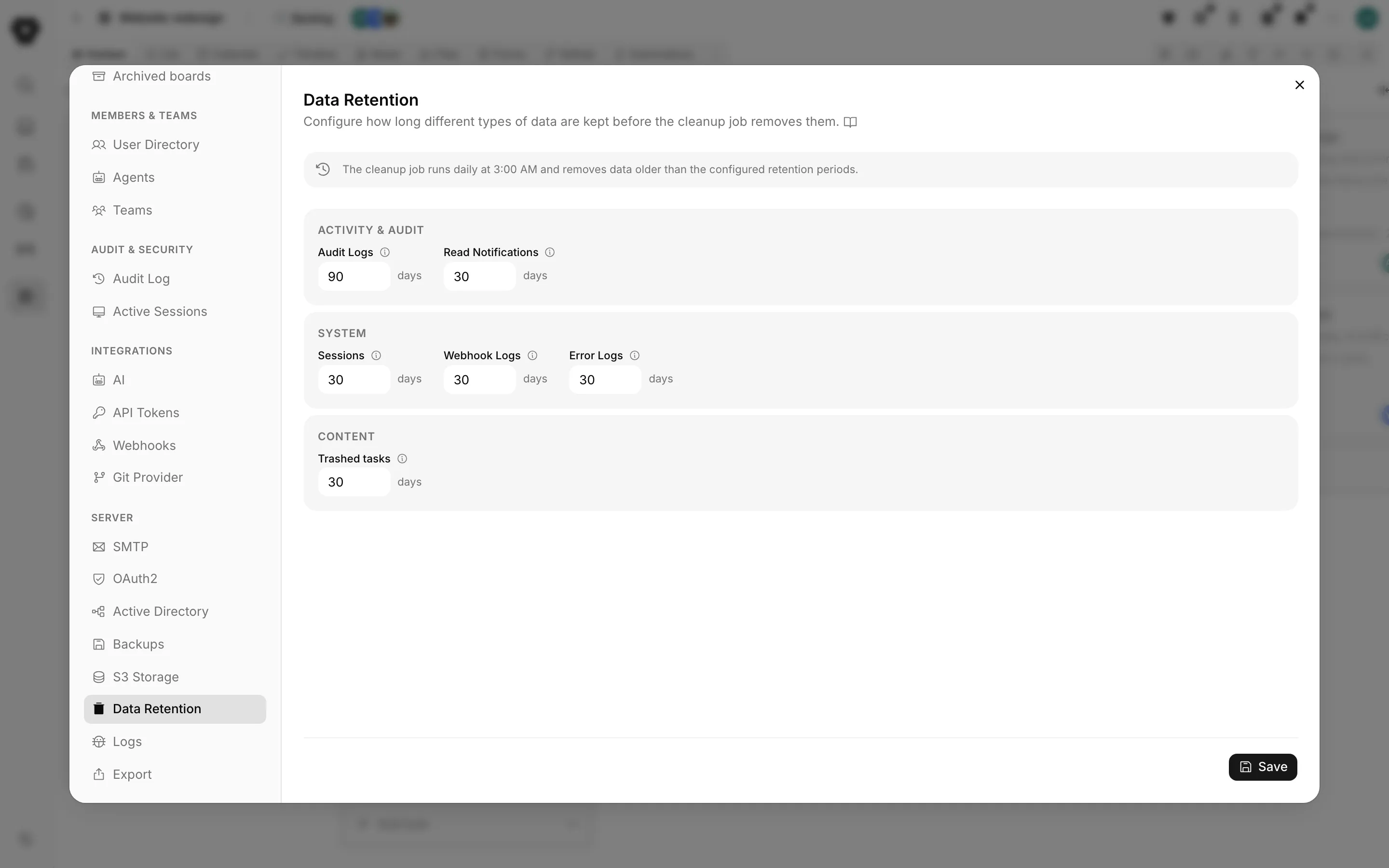 Truetask self-hosted Data Retention settings pane