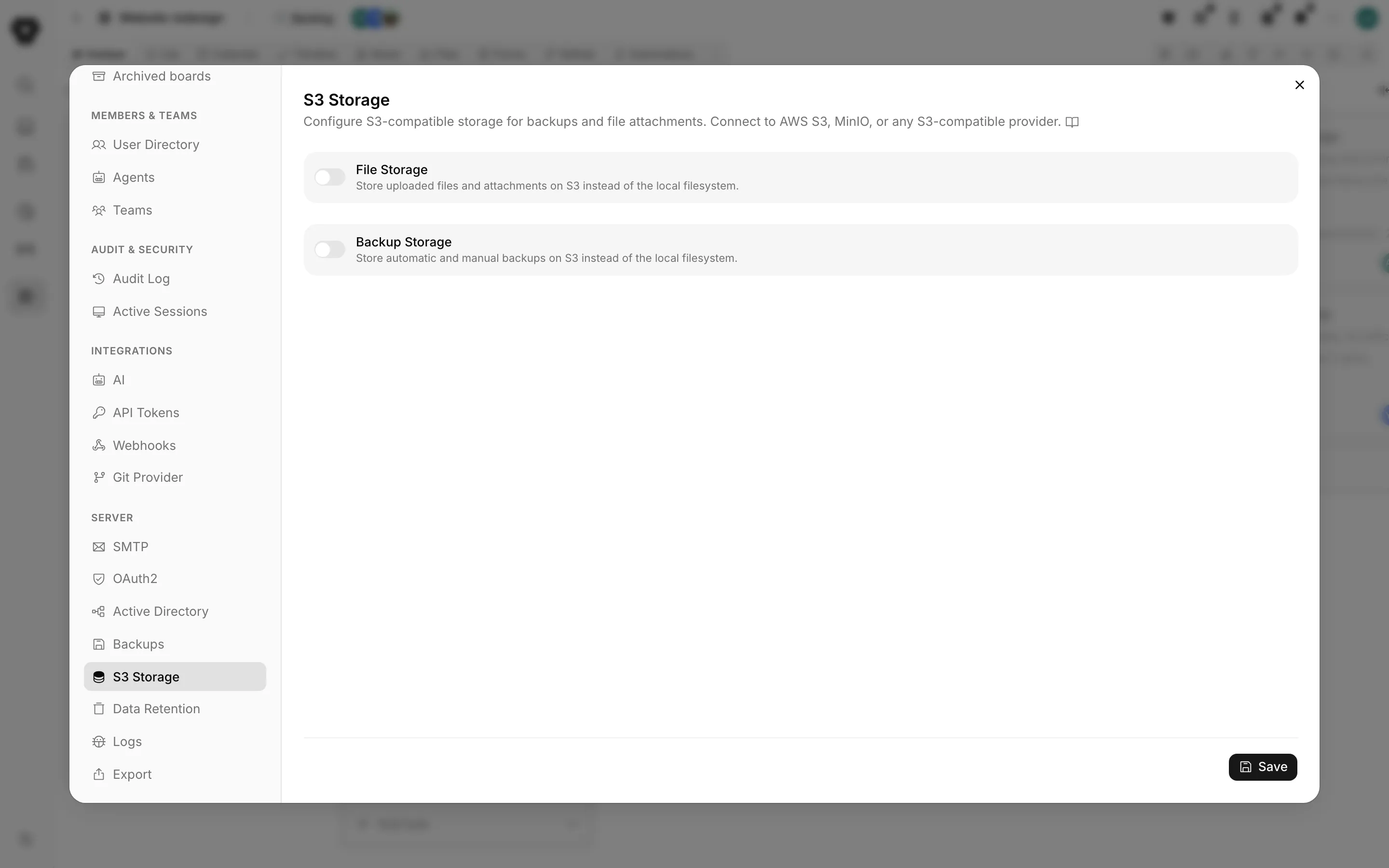 Truetask self-hosted S3 Storage settings pane