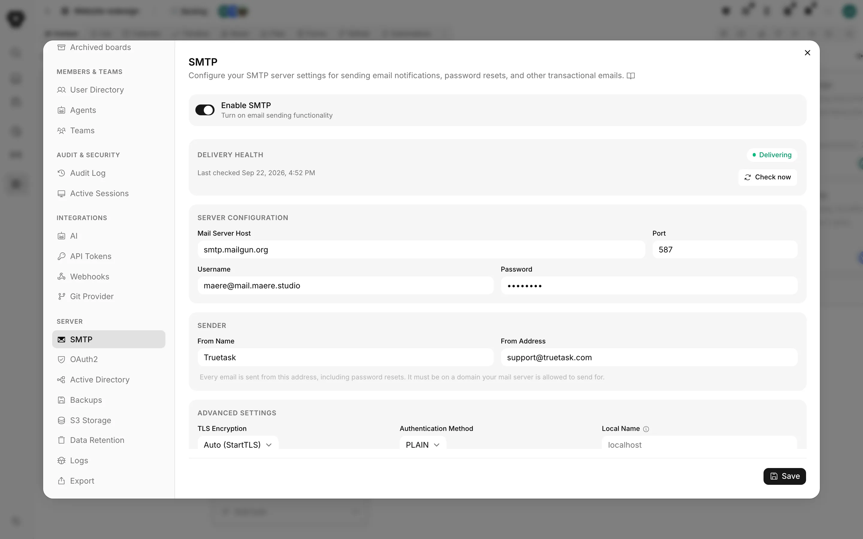 Truetask self-hosted SMTP settings pane