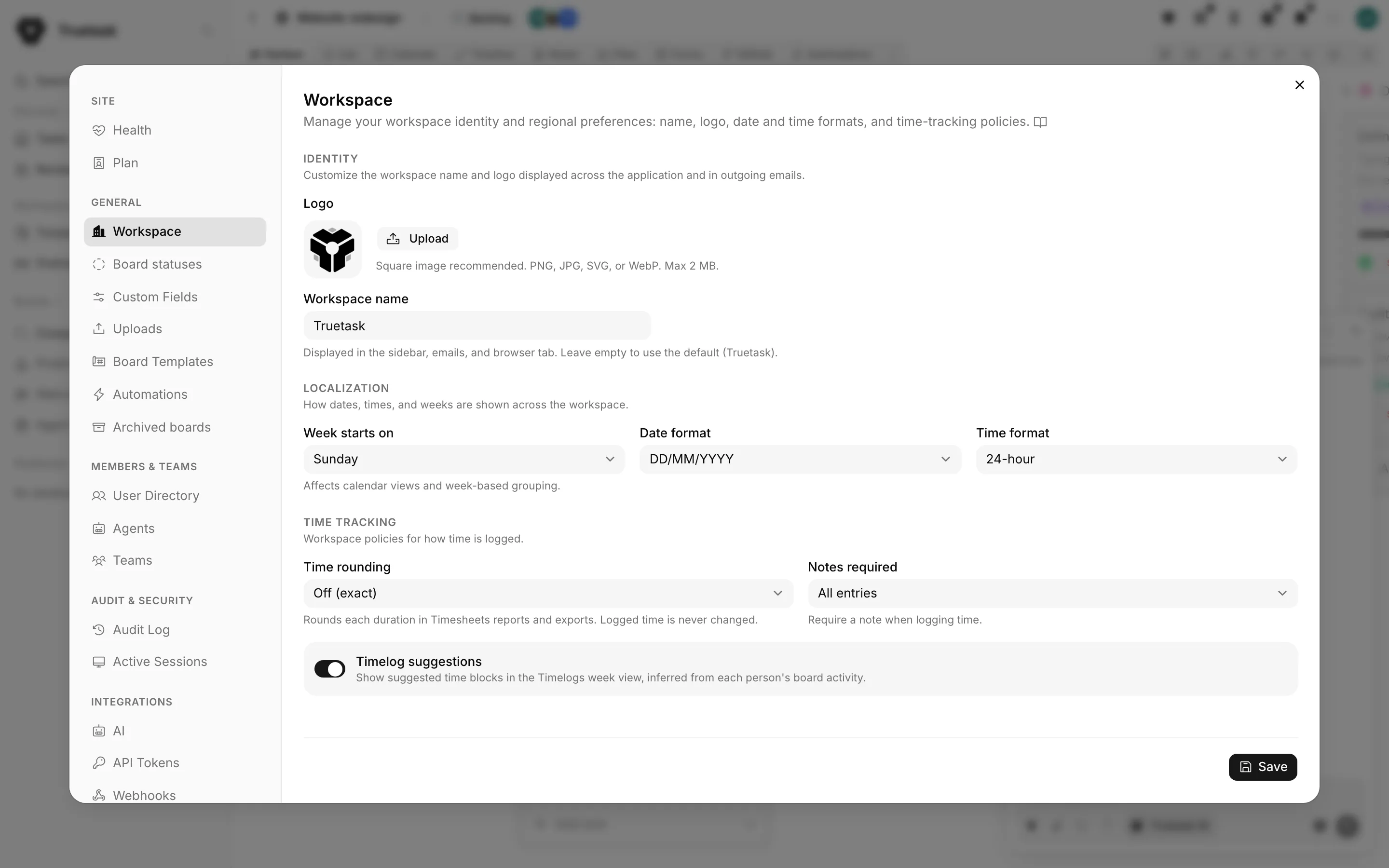 Truetask Workspace settings pane with Identity, Localization and Time tracking sections