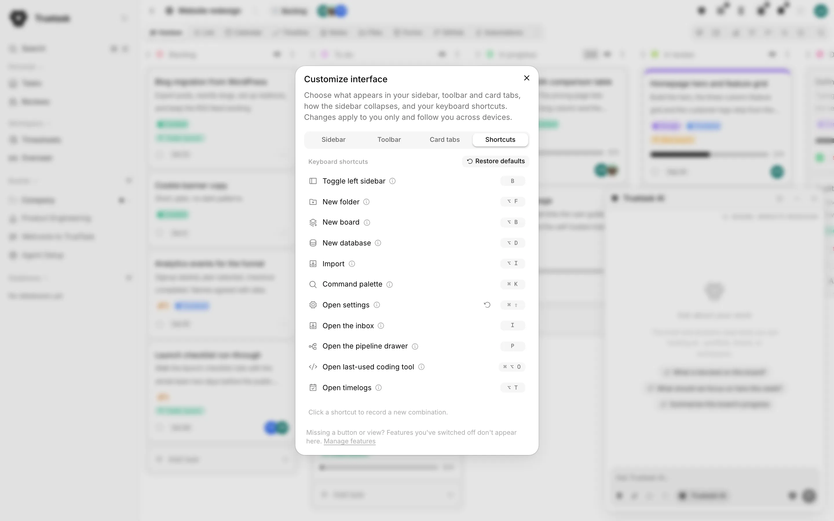 Truetask Shortcuts pane in the Customize dialog, one row per key binding
