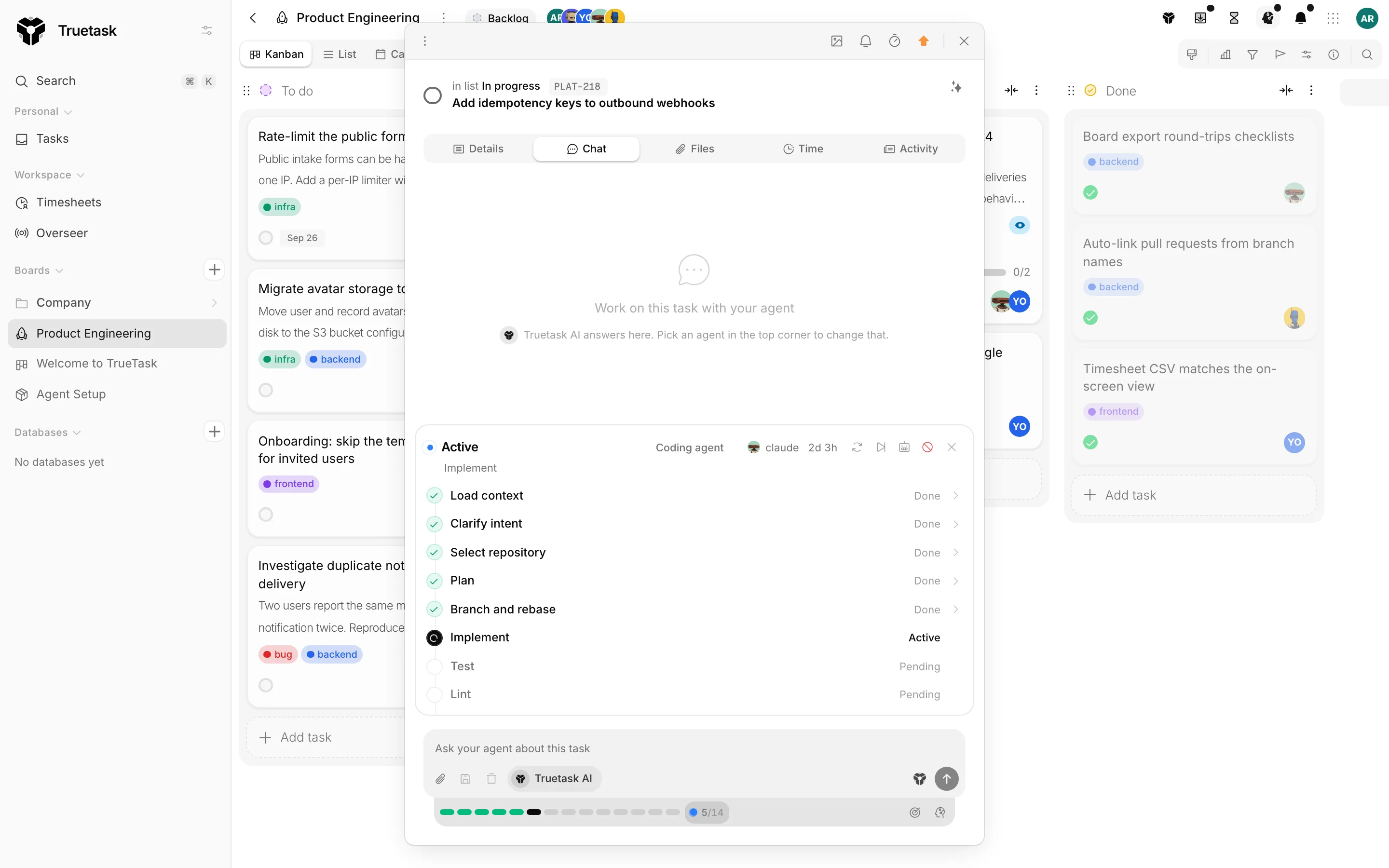Truetask task Chat tab with the agent run details panel open