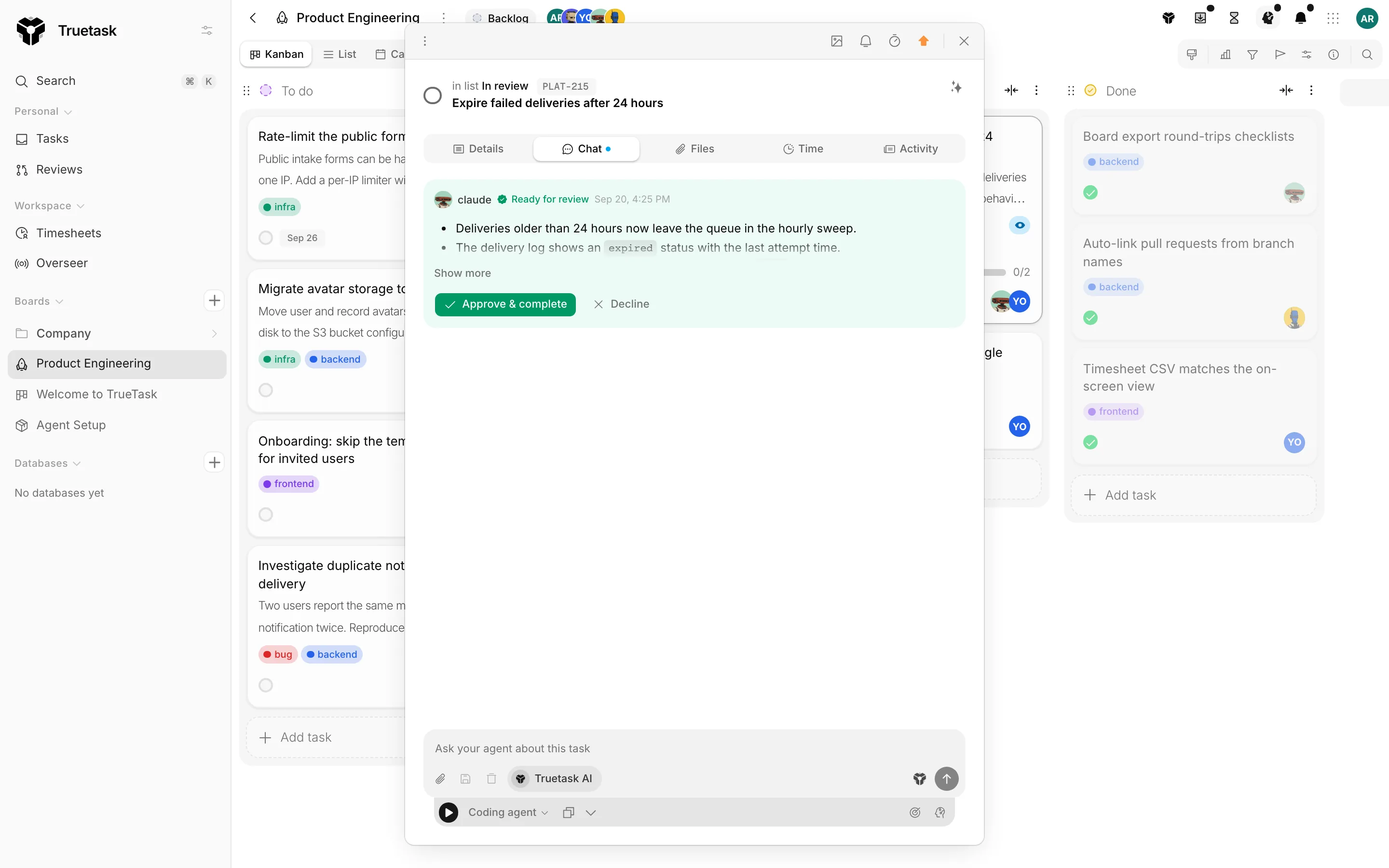 Truetask task Chat tab showing an agent's done proposal awaiting review