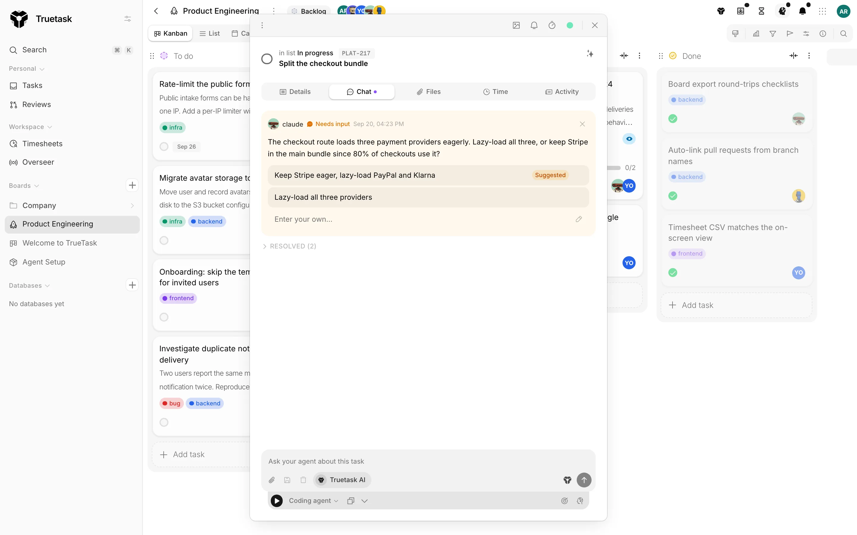 Truetask task Chat tab showing an agent question with answer options