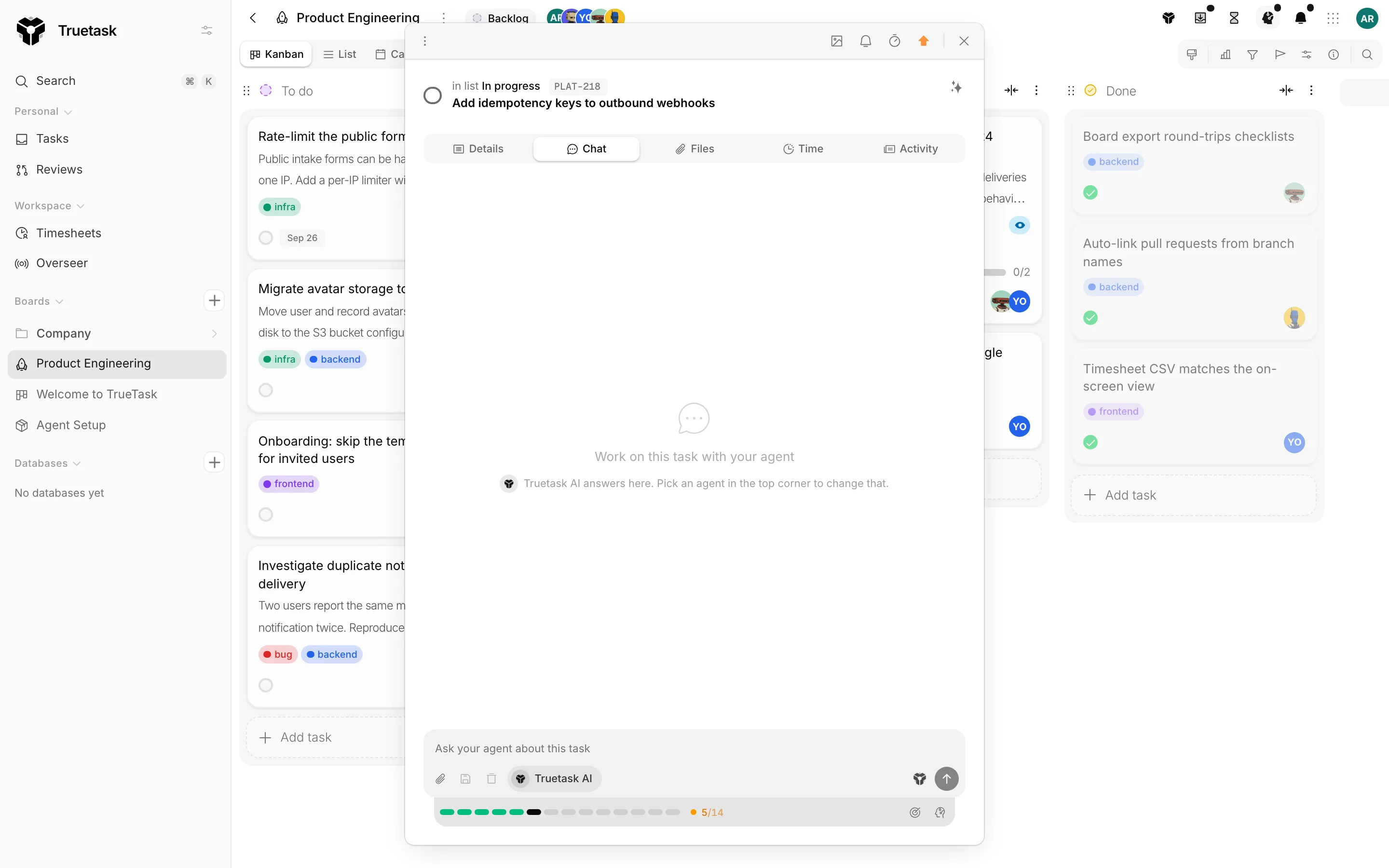 Truetask task Chat tab with the where-to-run control