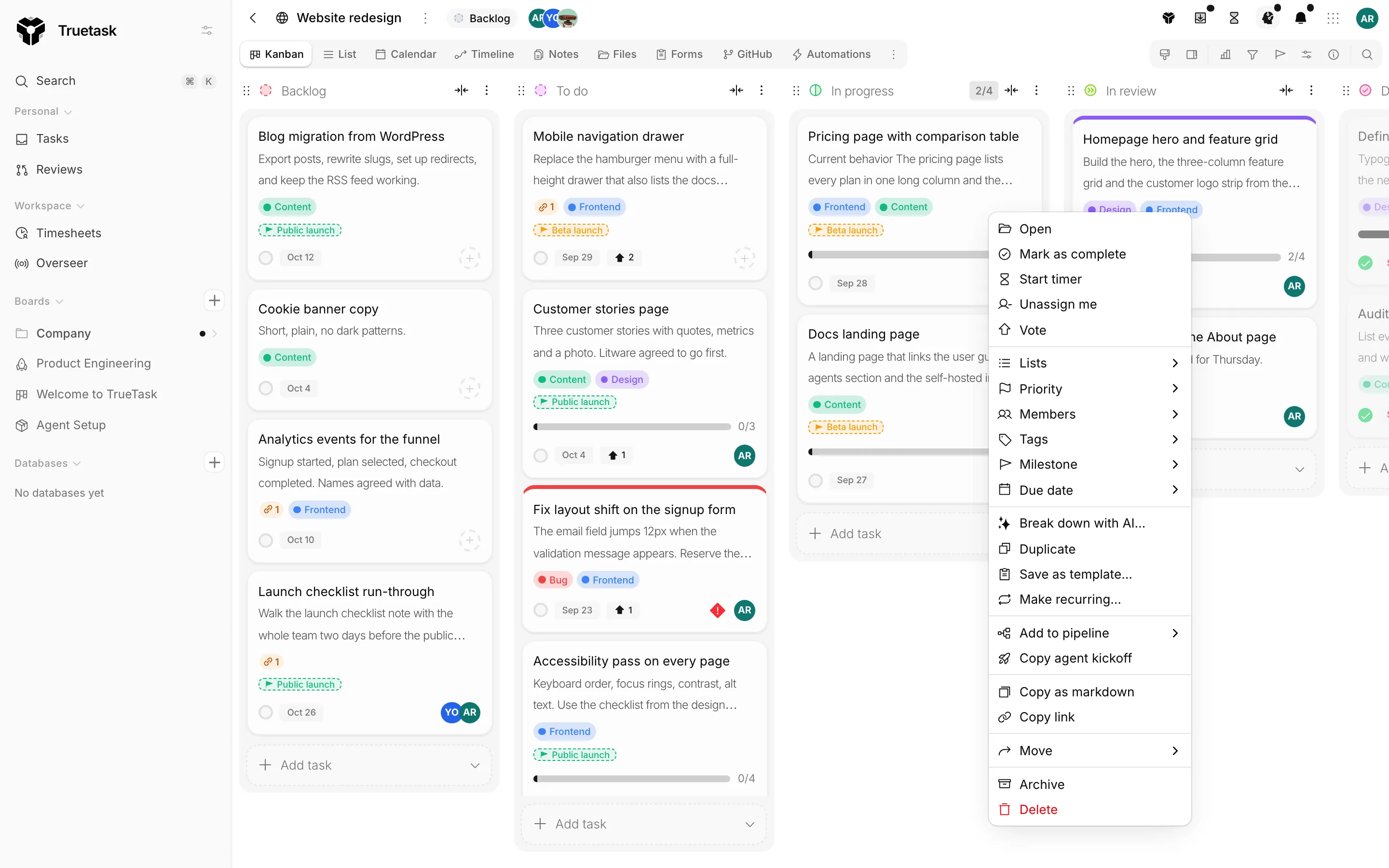 Truetask task right-click context menu