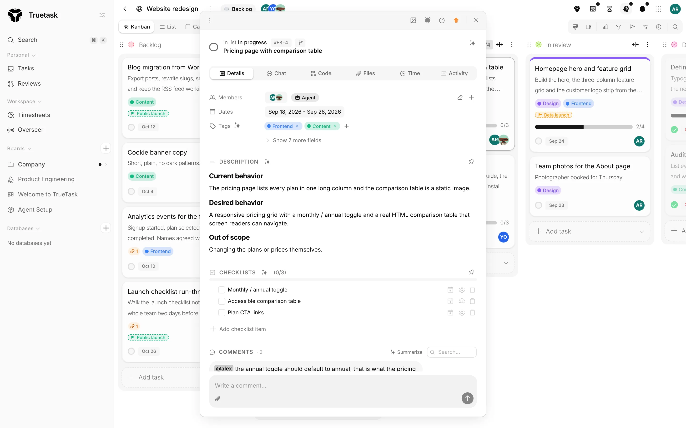 A Truetask task open as a floating frame on the Details tab