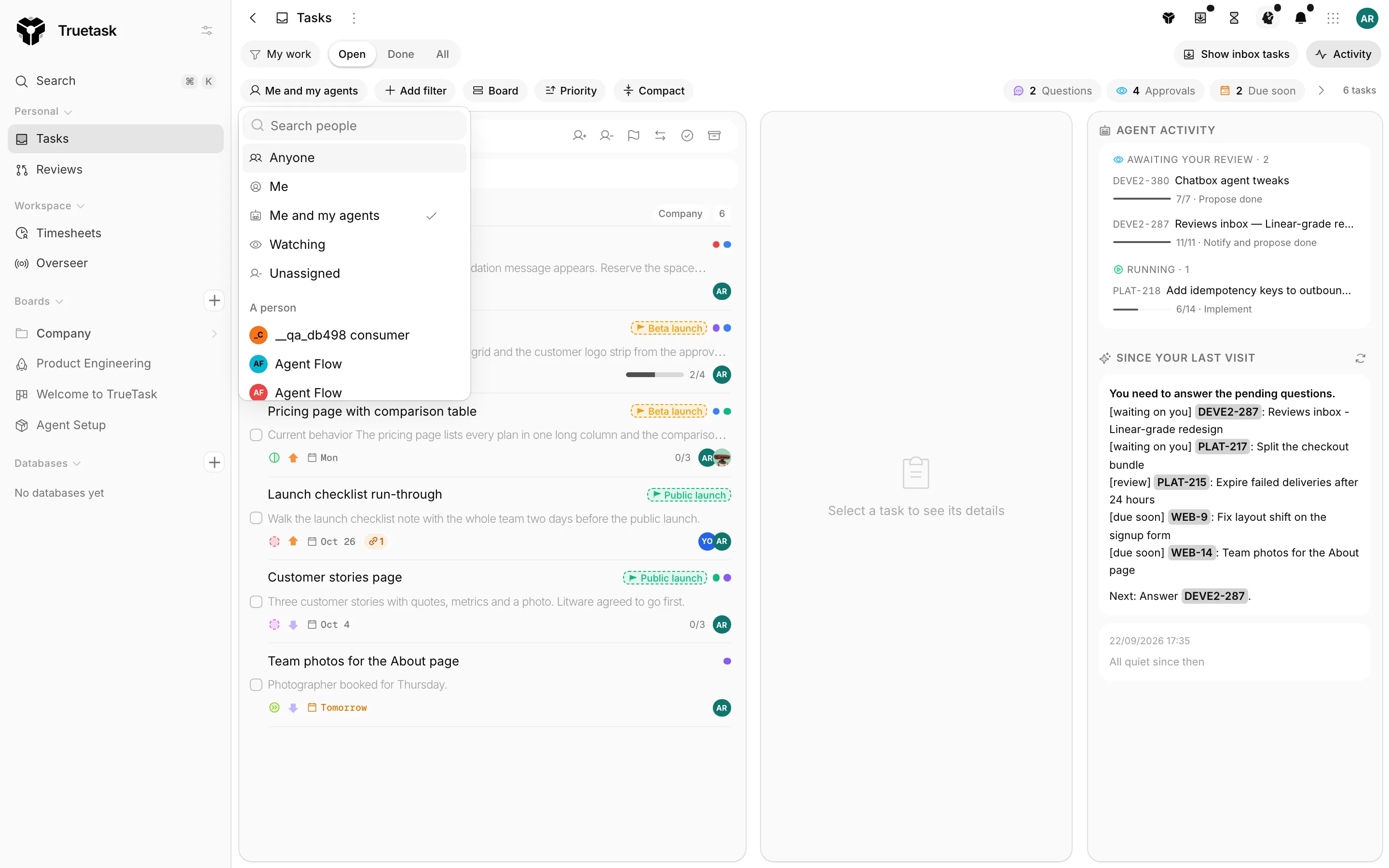 Truetask Tasks page with the Who scope and filter bar open
