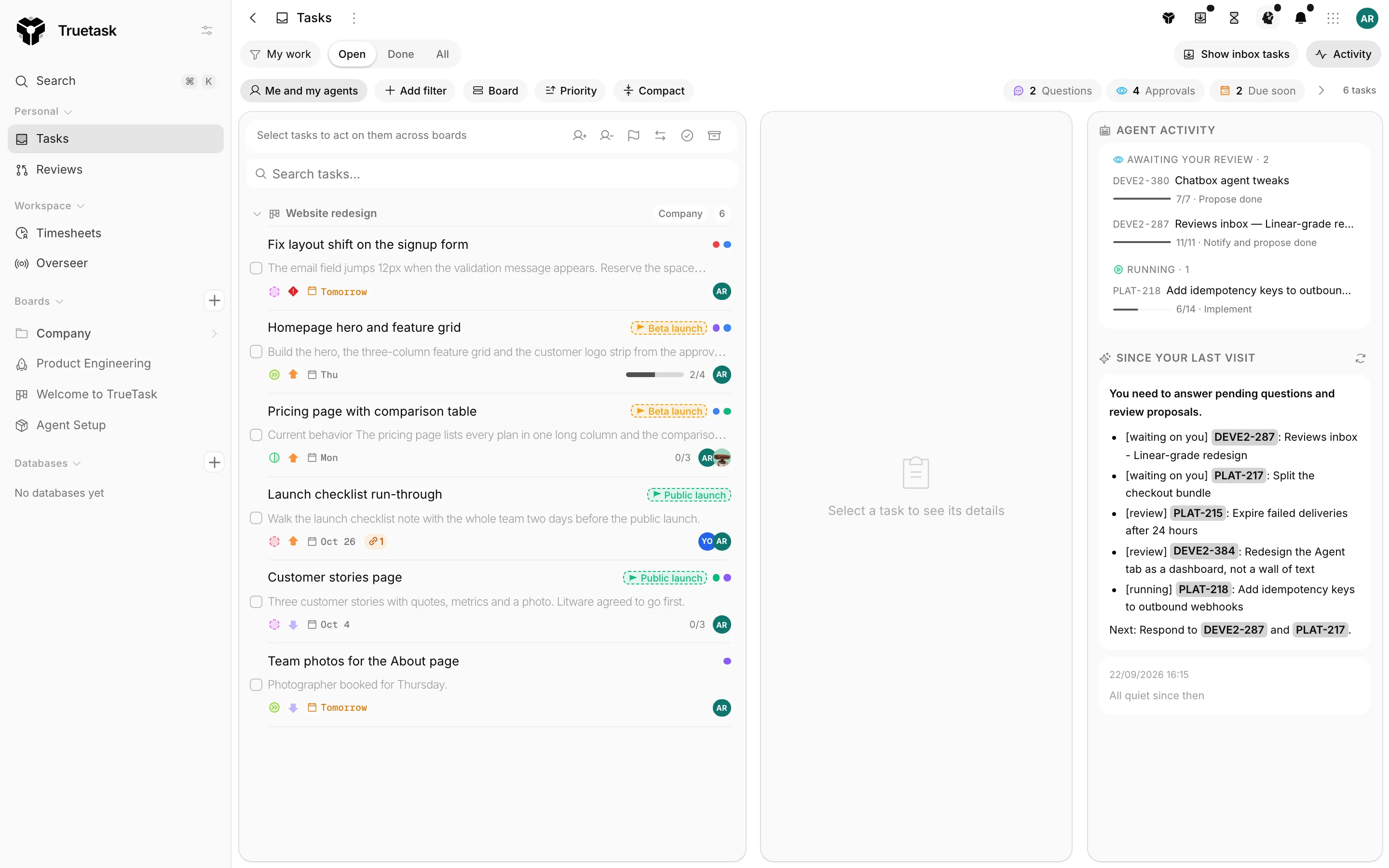 Truetask Tasks page with the attention strip and agent activity rail