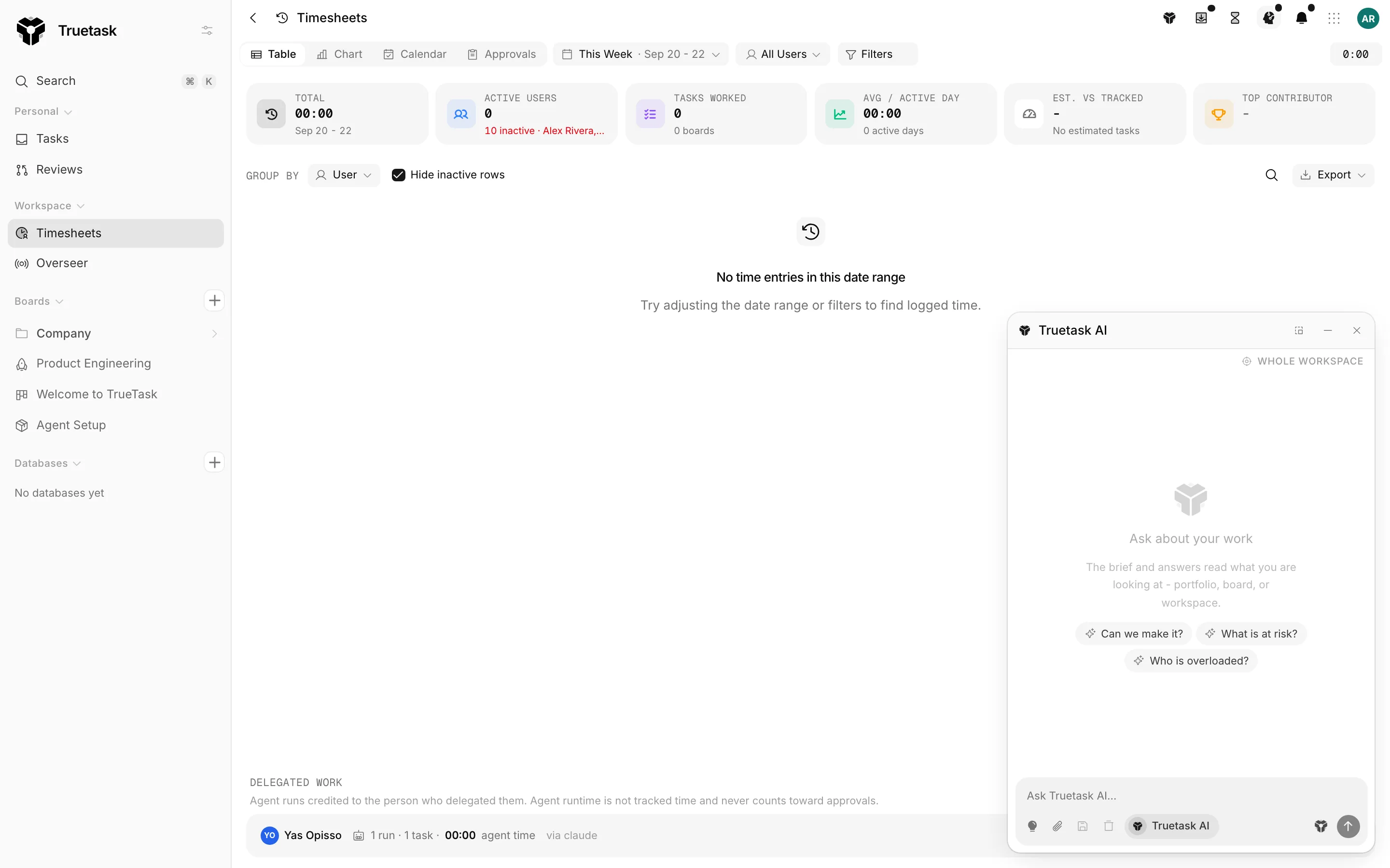 Truetask Timesheets Table view with per-day columns