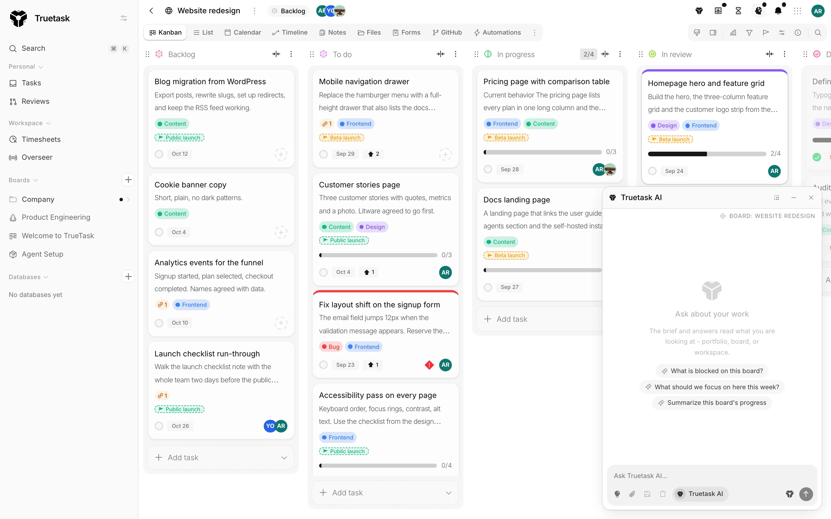 Truetask AI assistant window open on a board