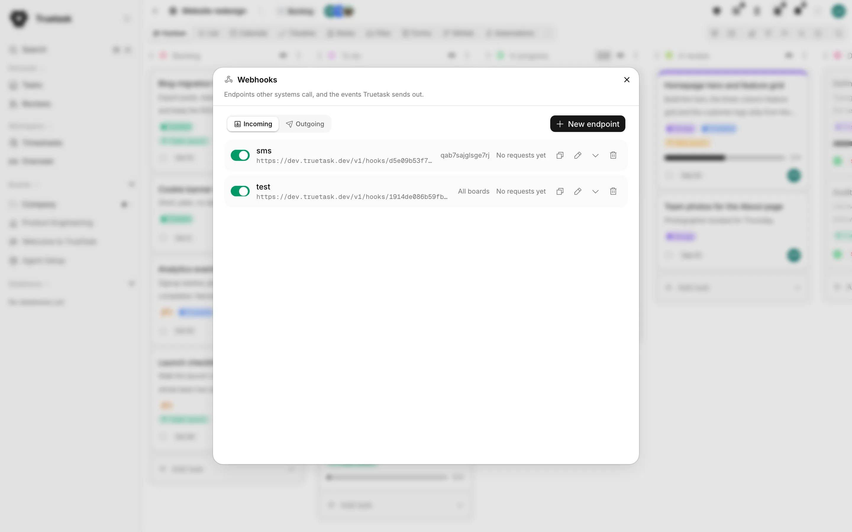 Truetask Webhooks dialog with Incoming and Outgoing tabs